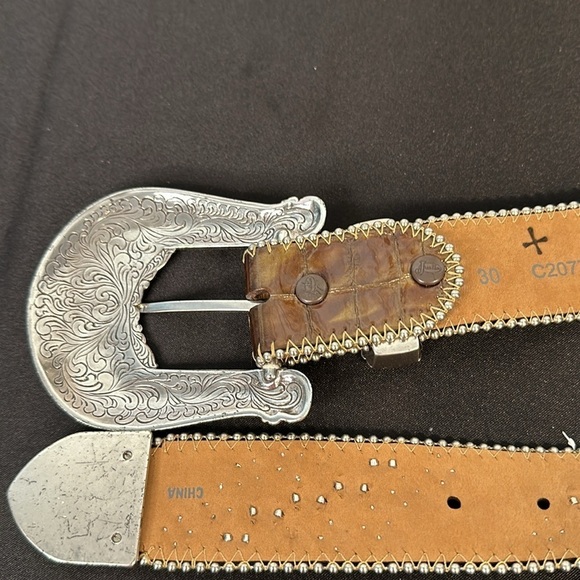 Justin for 125 Years Copper Brown Studded Rhinestones Embellished Buckle Belt - Picture 3 of 7